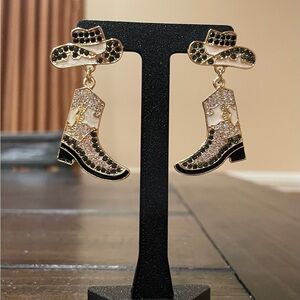 Cowboy Boot and Hat Dangle Earrings - Gold and Black